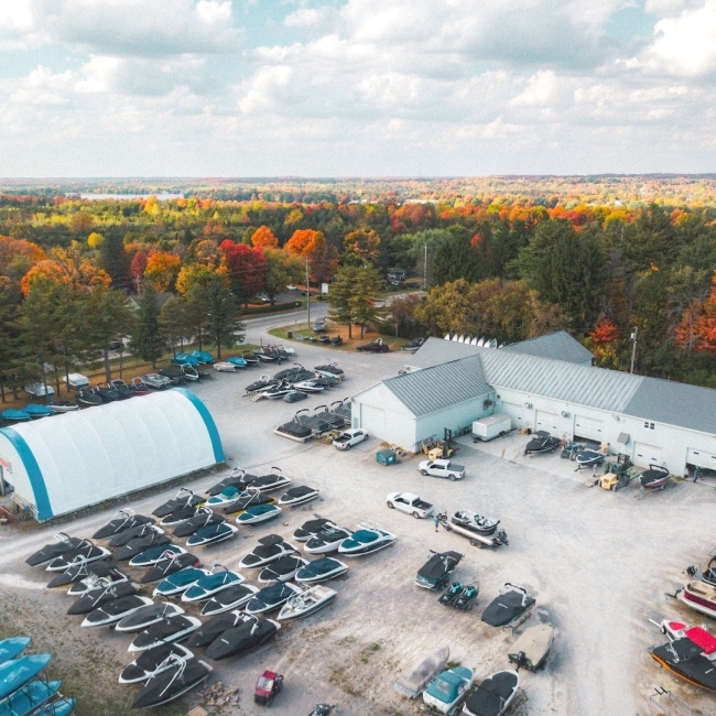 Drone photo of Marine Service Facility in the fall with boats ready for winterization