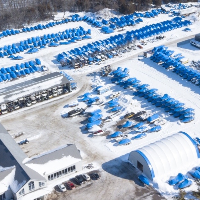 Overhead view of shrink wrapped boats