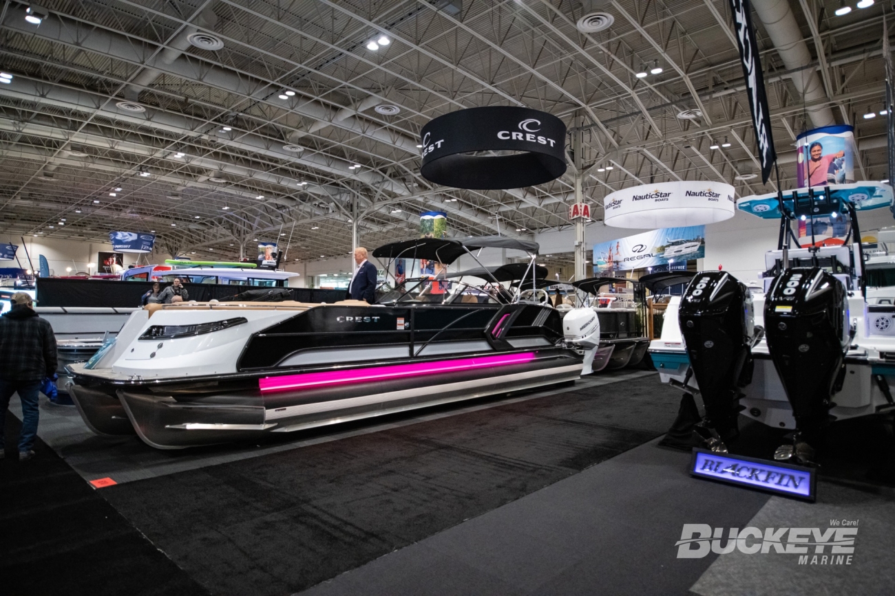 luxurious pontoon boat at a convention center, the toronto boat show