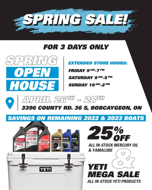 APRIL 26TH - 28TH: Buckeye's Grand Spring Sale for three days only at our Spring Open House!

✅ 25% OFF All in-stock Yamalube & Mercury Marine Oil
✅ YETI SALE on all in-stock YETI products
✅ Deals on remaining 2022 & 2023 boats
🕘 EXTENDED store hours: Friday: 9am-7pm, Saturday: 9am-5pm, PLUS Sunday: 10am-2pm

Perfect time to stock up on all your engine oils for the summer, remember to come on down to Buckeye Marine for our spring sale and tell all your friend about our open house at the end of the month :)