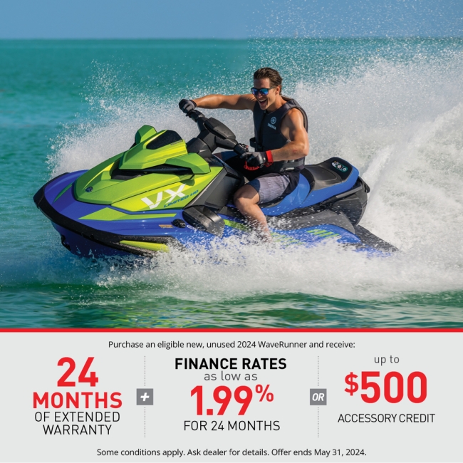 Have you heard? All Yamaha WaveRunners are on sale during the Right Here, Right Now sales event. On until May 31, 2024, you can finance select Yamaha WaveRunners for as low as 1.99% for 24 months! This is the best time to secure a summer on the water.