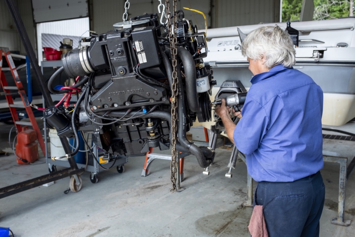 Working on an inboard boat engine