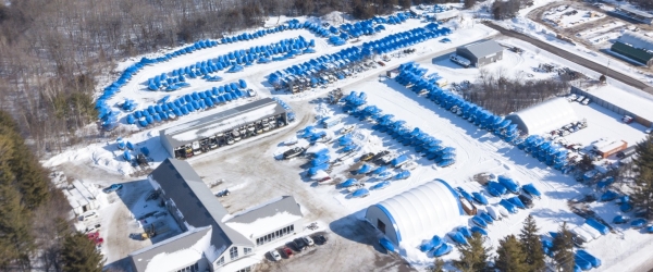 Overhead view of shrink wrapped boats